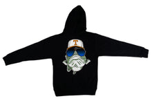 Load image into Gallery viewer, Back profile of the Bill Dance logo hoodie showing a screen-printing of the cartoon bass logo