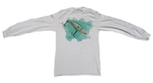 Load image into Gallery viewer, Back profile of the Bill Dance long sleeve “Fat Free Shad Lure” shirt in white showing the Shad watercolor screen-printed on back of garment