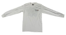 Load image into Gallery viewer, Front profile of the Bill Dance long sleeve “Fat Free Shad Lure” shirt in white showing the Bill Dance autograph logo on chest of garment
