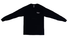 Load image into Gallery viewer, Front profile of the Bill Dance “Work” long sleeve t-shirt in black showing the Bill Dance autograph printed on chest of garment