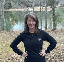 Load image into Gallery viewer, Lifestyle photo of front profile of a woman wearing the Bill Dance “Work” long sleeve t-shirt