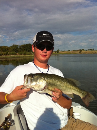 I am a member of Private Water Fishing in the Dallas-Fort Worth area. The fish weighed about three pounds and was caught within the first 15 minutes of fishing. He was caught on a white plastic frog.
