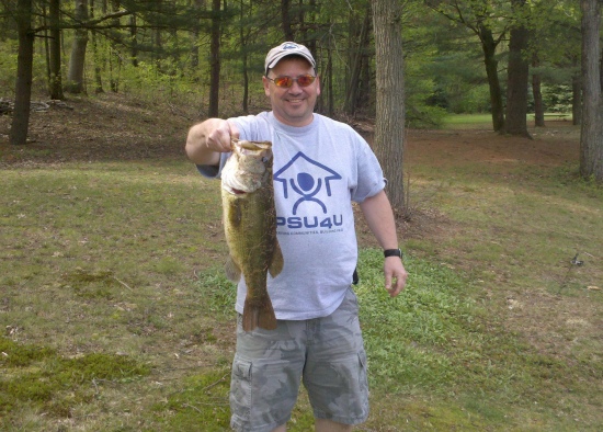 8 lb 1 oz Largemouth Bass. I caught this in a small farm pond; less than 2 acres in Eastern PA. I was fishing with a Strike King Mini-King Spinnerbait in white. Not too shabby for a Pennsylvania Bass. I throw EVERYTHING back that I catch; but I sure would like one for the wall. Unfortunately when I caught this one it was 2 weeks into the closed season for Bass here in PA so I threw her back right after the picture was taken. I plan to head back out there a wek before the closed season this year to see if I can catch her again; we'll see. Cept' this year I will be headed out with my favorite Yum Dinger worm instead.