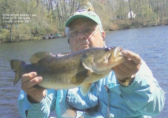 I got this nice 5lb  Bass on 4/24/2013 with my fly rod and a Green/Yellow belly Umpqua Swimming Frog. A Bass killer fly rod lure. I Caught her at the Brownsmills Lake in NJ Good Fishing Ray