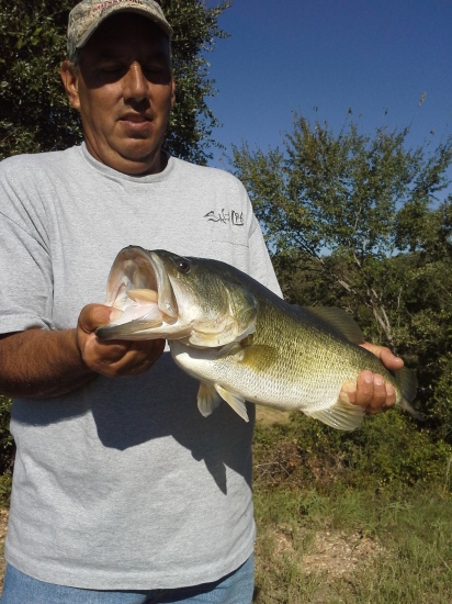 My husband (Ramiro Garza Jr.) caught this 10lb 22 inch largemouth bass in a private pond near Brehnam Texas on  October 4, 2014