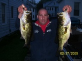 caught these two hogs in my favorite spot at dog pond in goshen ct caught them back to back on 5/8 split jitter bug 2 am on a full moon.the fish on the right weighed 6 pounds 13 ounces and the one on the left 4 pounds 2 ounces theses are two of many caught that night.