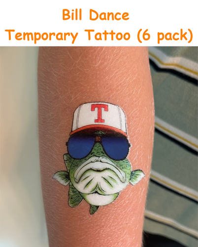 Temporary tattoo of a fish wearing sunglasses and a cap on a person's arm, labeled 'Bill Dance Temporary Tattoo (6 pack)'.