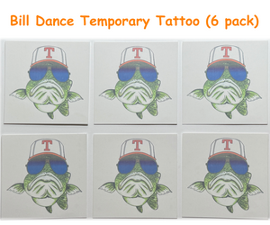 Bill Dance Temporary Tattoo packaging with six fish tattoos wearing hats and sunglasses.