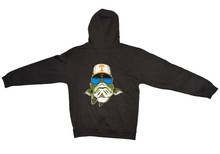 Load image into Gallery viewer, Back profile of the gray Bill Dance logo hoodie showing a screen-printing of the cartoon bass logo 