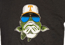 Load image into Gallery viewer, Close up of cartoon bass logo screen-printed across back of the gray hoodie