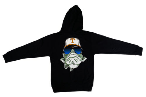 Back profile of the Bill Dance logo hoodie showing a screen-printing of the cartoon bass logo 