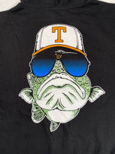 Load image into Gallery viewer, Close up of cartoon bass logo screen-printed across back of the hoodie