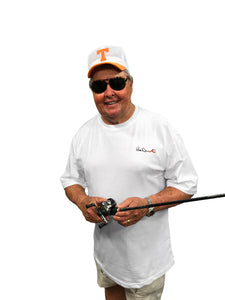 Front profile of the Bill Dance short sleeve logo t-shirt in white showing the Bill Dance autograph logo on chest of garment 
